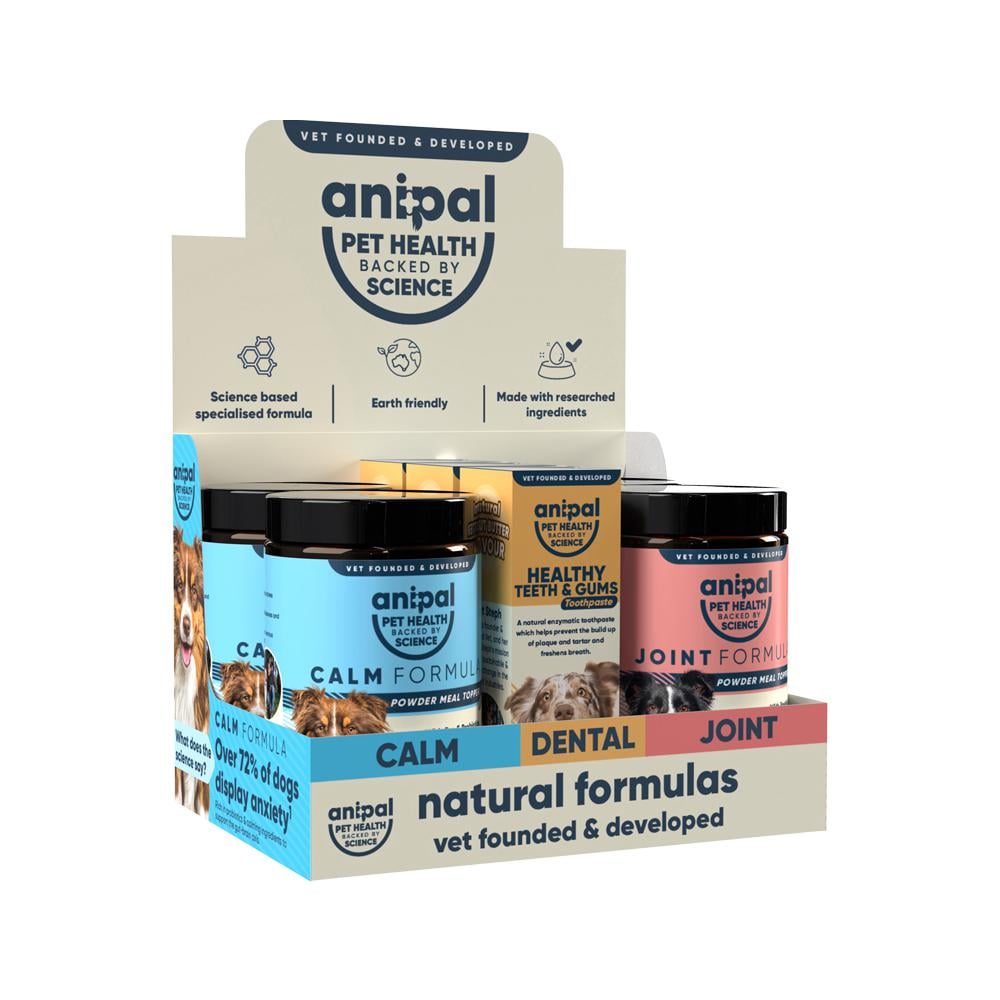 ANIPAL COUNTER DISPLAY STAND CALM DENTAL JOINT (2 X CALM FORMULA 135G 3 X TOOTHPASTE 50G 2 X JOINT FORMULA 135G)