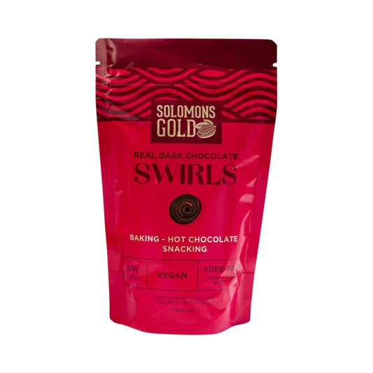 SOLOMONS GOLD VEGAN DARK CHOCOLATE SWIRLS (58% CACAO) 150G
