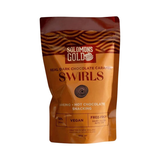 SOLOMONS GOLD VEGAN DARK CHOCOLATE CARAMEL SWIRLS (58% CACAO) 150G