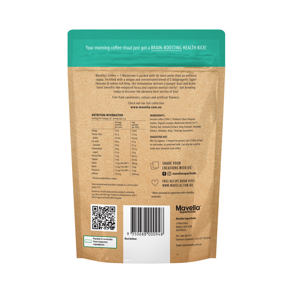 MAVELLA SUPERFOODS COFFEE + 5 MUSHROOMS 100G