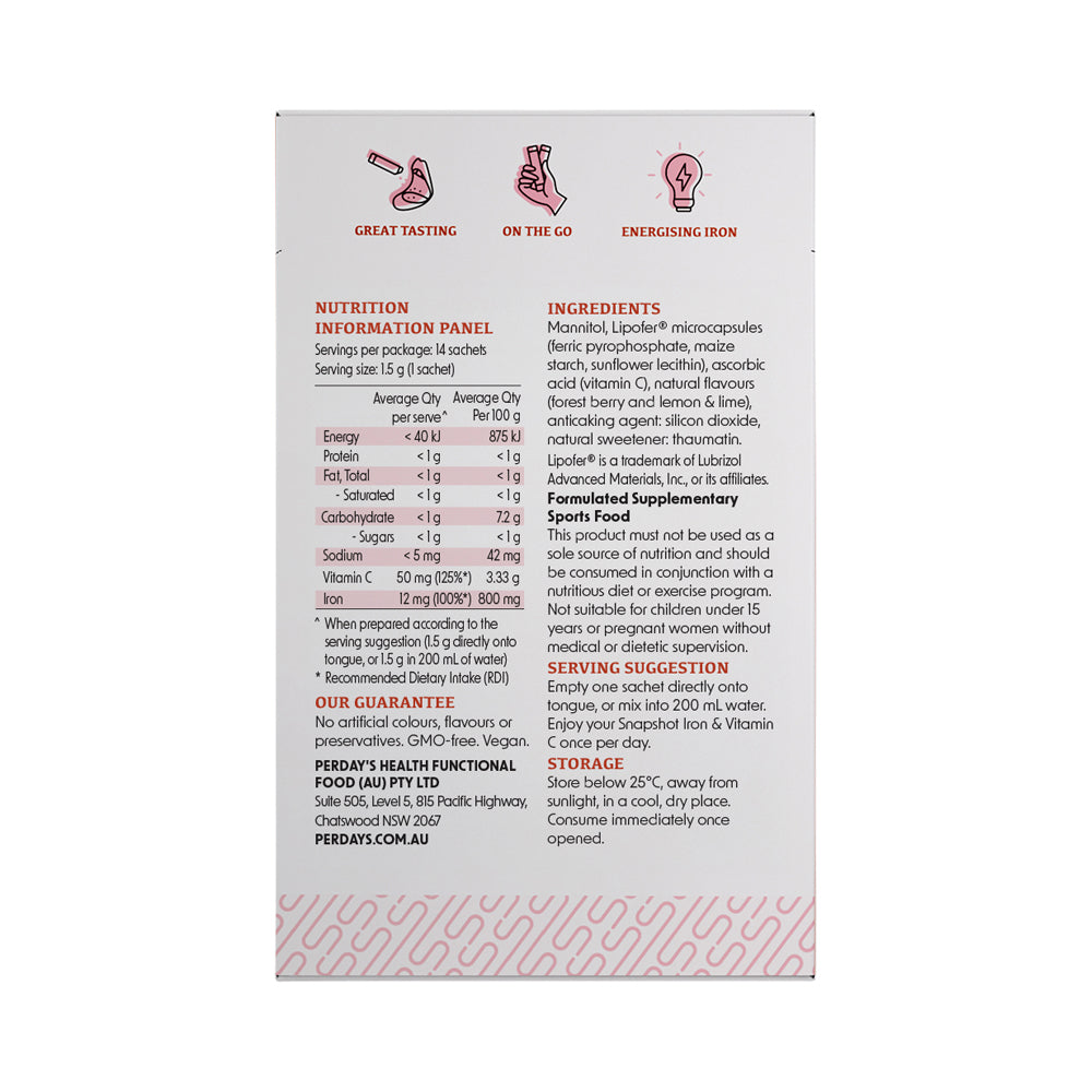 SNAP SHOT IRON & VITAMIN C COSMOSPOLITAN FLAVOURED SACHET 1.5G X 14 PACK