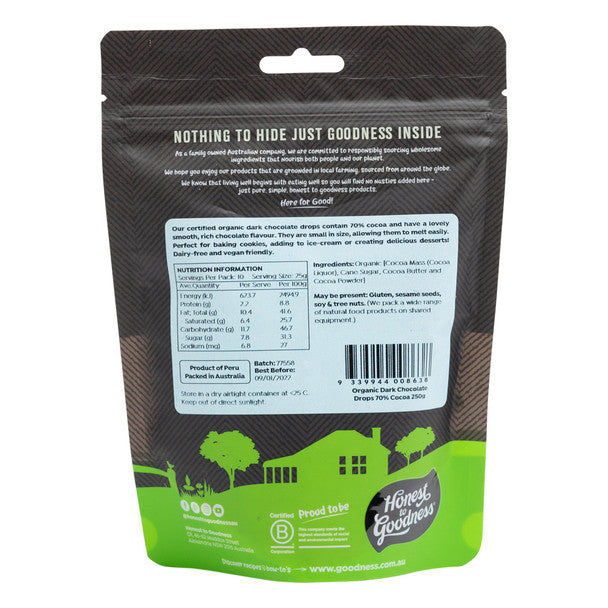 Organic Dark Chocolate Drops 70% Cocoa 250g