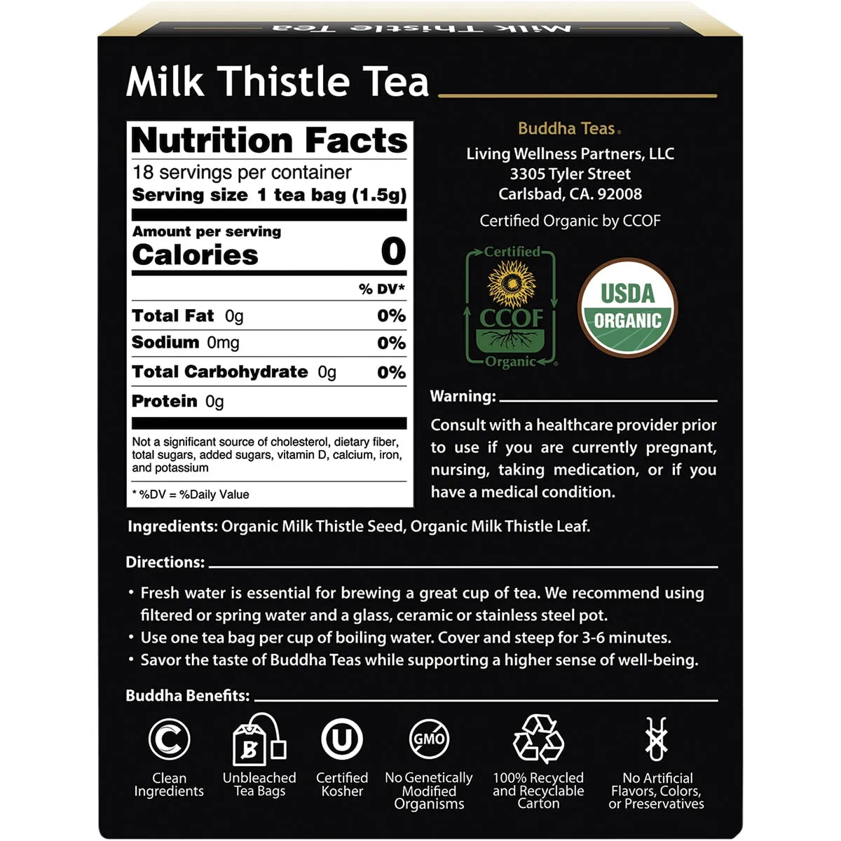 Buddha Teas Organic Herbal Tea Bags Milk Thistle Tea 18pk