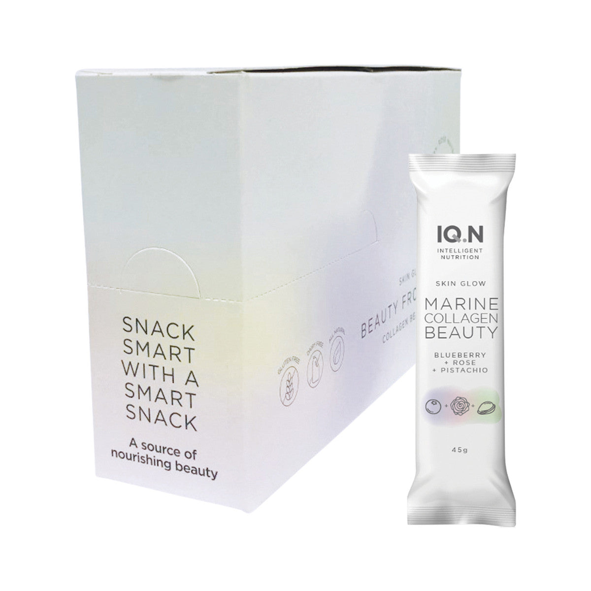 IQ.N INTELLIGENT NUTRITION Marine Collagen Beauty Bar (Skin Glow) Blueberry + Rose + Pistachio 45g x 10 Display