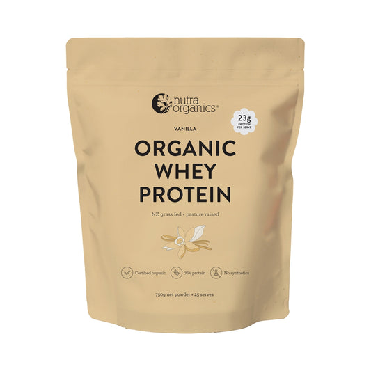 NUTRA ORGANICS ORGANIC WHEY PROTEIN NZ GRASS FED + PASTURE RAISED VANILLA 750G
