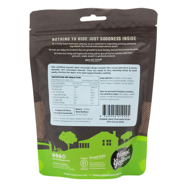Organic Dark Chocolate Drops 55% Cocoa 250g