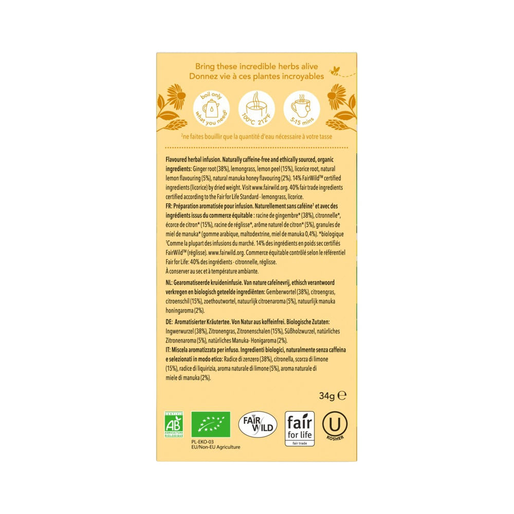 PUKKA ORGANIC LEMON GINGER & A TOUCH OF MANUKA HONEY X 20 TEA BAGS