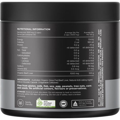 Beef Liver 100% Organic Grass Fed 120 Caps