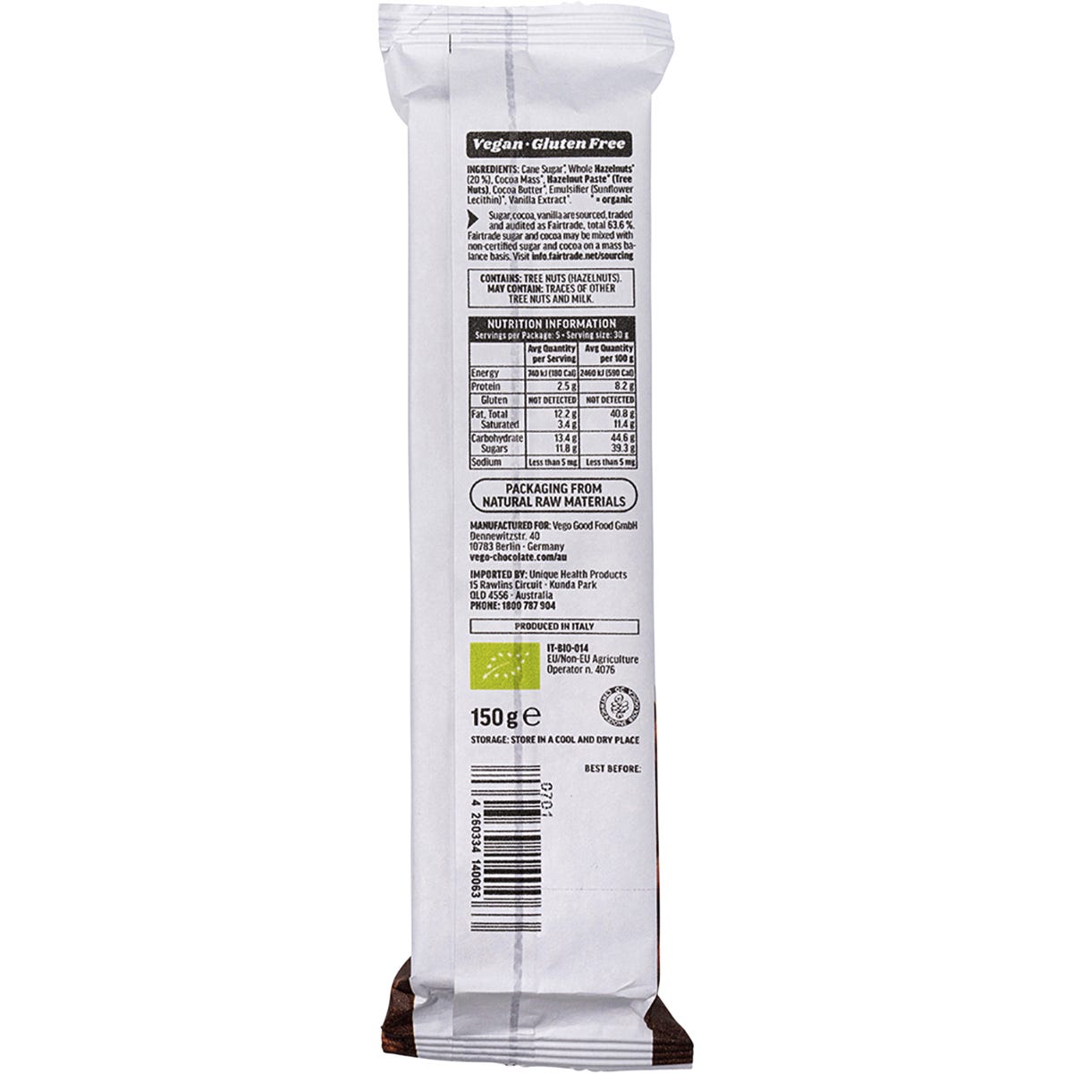 VEGO Whole Hazelnut Chocolate Bar Mini 20x65g
