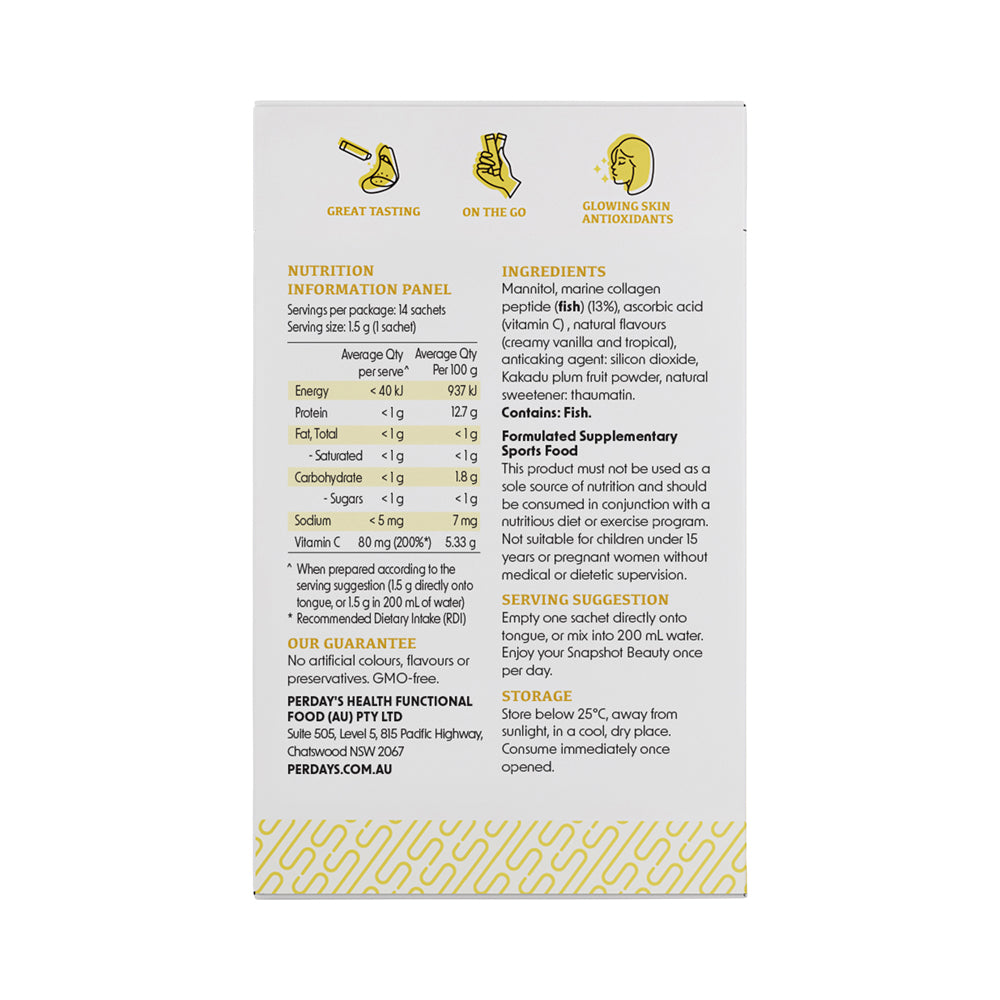 SNAP SHOT BEAUTY PINA COLADA FLAVOURED SACHET 1.5G X 14 PACK