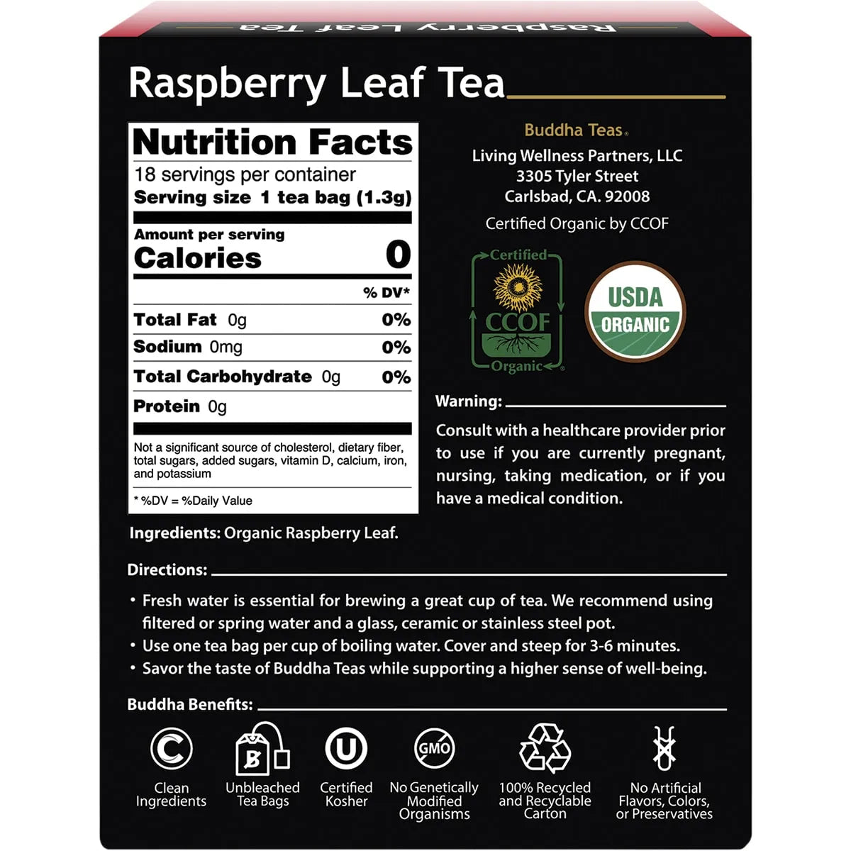 Buddha Teas	Organic Herbal Tea Bags Raspberry Leaf Tea 18pk