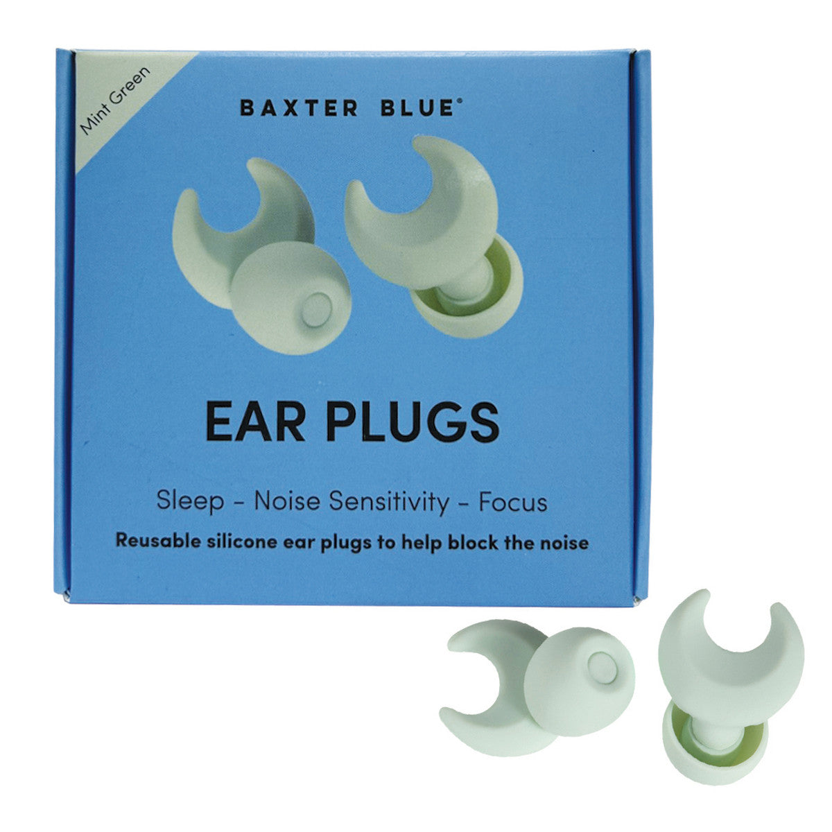 BAXTER BLUE Reusable Silicone Noise Reduction Ear Plugs (with 3 Mixed Size Interchangeable Heads) Mint Green