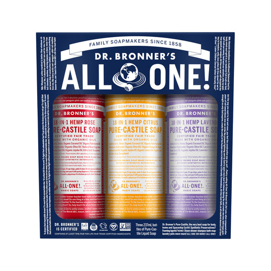 Dr. Bronner's Pure-Castile Soap Liquid (Hemp 18-in-1) Carnival 3 x 237ml Pack (contains: Rose, Citrus & Lavender)