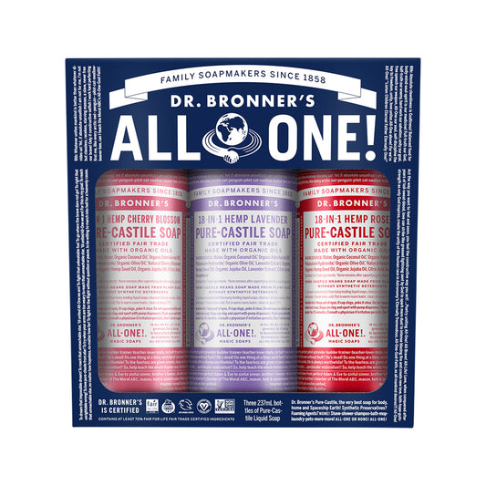 Dr. Bronner's Pure-Castile Soap Liquid (Hemp 18-in-1) Florals 237ml x 3 Pack (Cherry Blossom, Lavender & Rose)