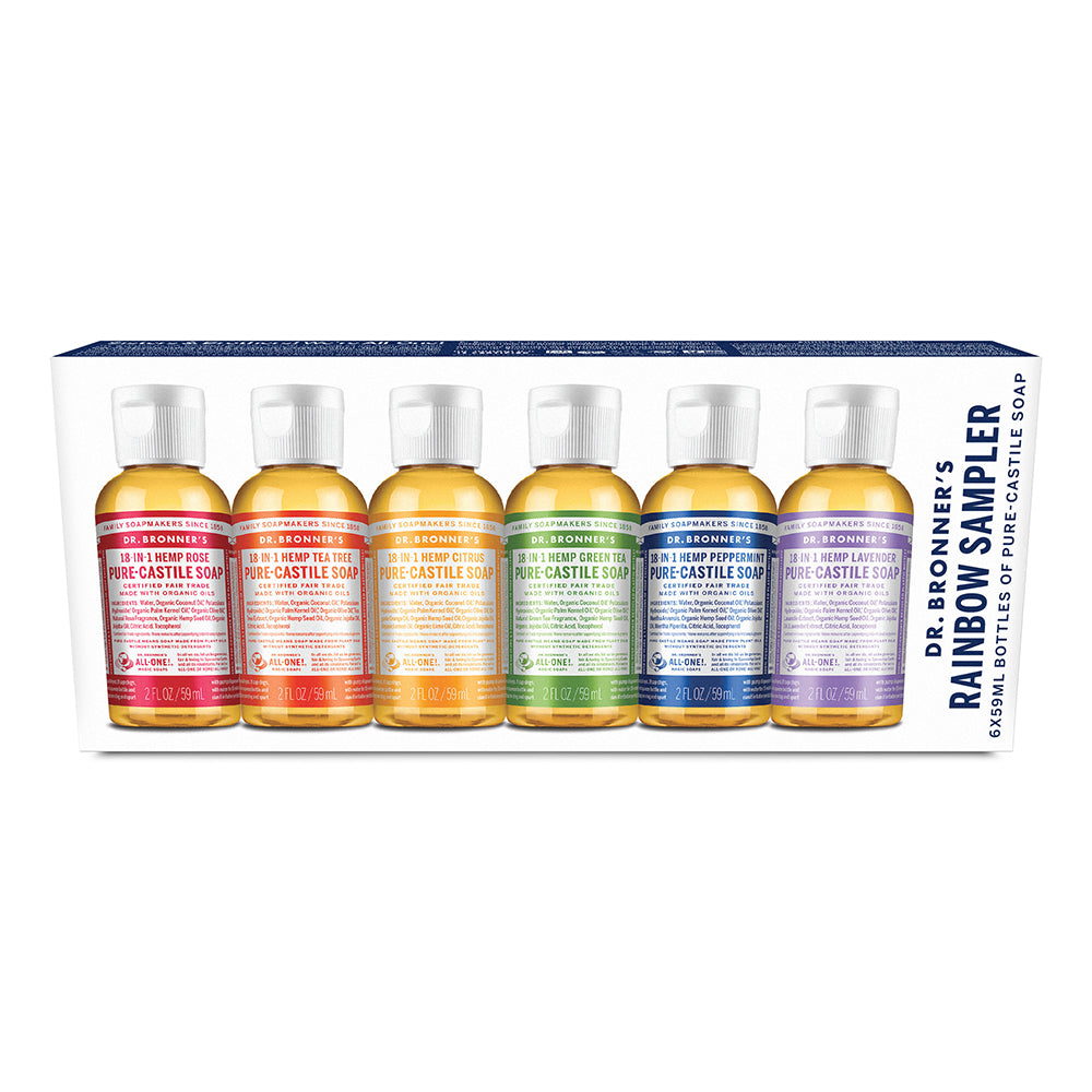 Dr. Bronner's Pure-Castile Soap Liquid (Hemp 18-in-1) Rainbow Sampler 59ml x 6 Pack