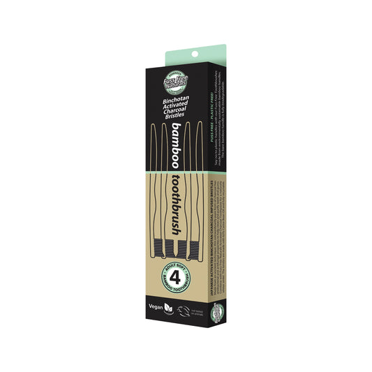 Essenzza Fuss Free Naturals Bamboo Toothbrush with Activated Charcoal Bristles Soft x 4 Pack