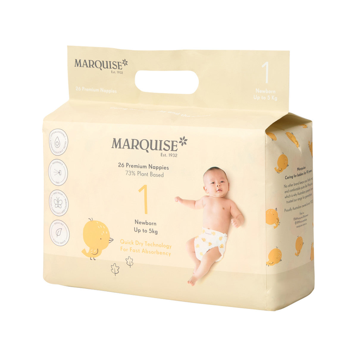 MARQUISE Premium Nappies (73% Plant Based) Newborn Size 1 (Up to 5kg) x 26 Pack