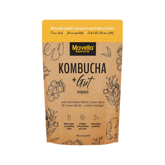 Mavella Superfoods Kombucha + Gut Powder with Australian Native Lemon Aspen & Lemon Myrtle & Ginger 100g