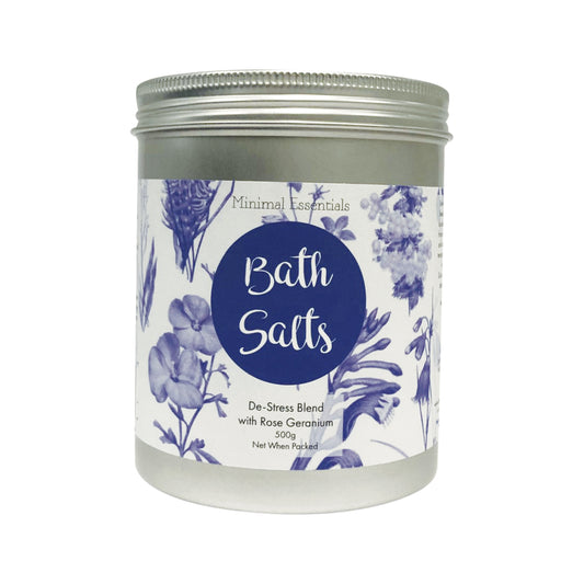 Minimal Essentials Bath Salts De-Stress Blend with Rose Geranium 500g