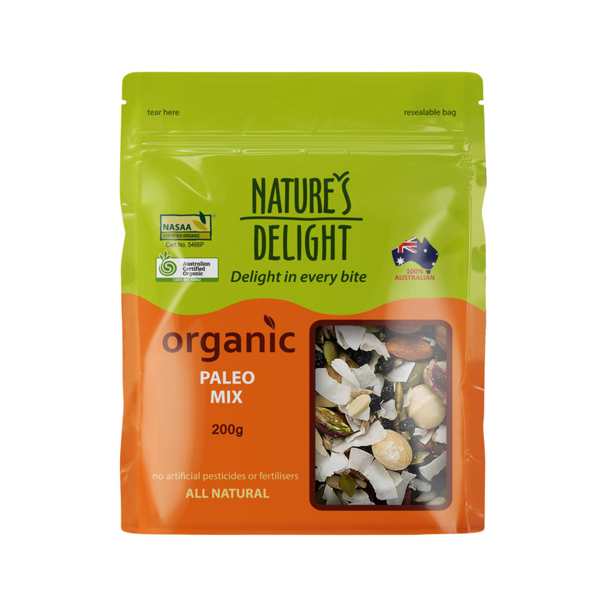 NATURE'S DELIGHT Organic Paleo Mix (raisins sunflowr pepita inca coconut almonds walntus goji) 200g