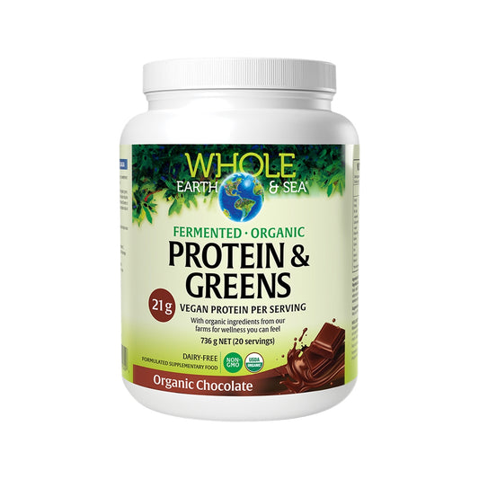 WHOLE EARTH & SEA FERMENTED ORGANIC PROTEIN & GREENS CHOCOLATE 736G
